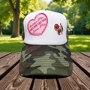 Women's Camo and White Trucker Hat with Heart Patch